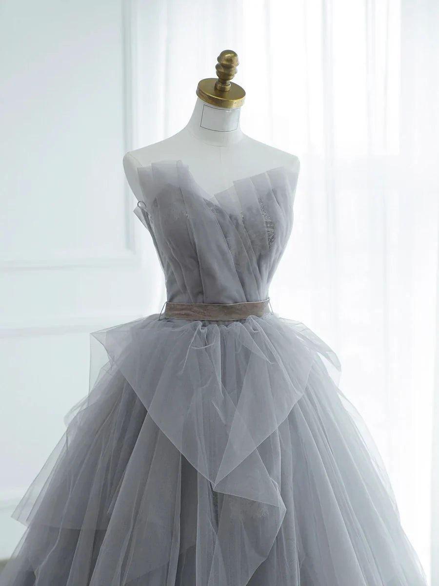 Gray Strapless Tulle Lace Long Prom Dress, A-Line Evening Party Dress  TP384