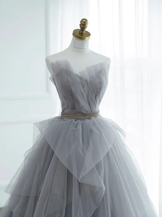Gray Strapless Tulle Lace Long Prom Dress, A-Line Evening Party Dress  TP384
