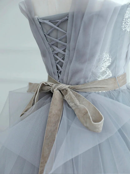 Gray Strapless Tulle Lace Long Prom Dress, A-Line Evening Party Dress  TP384