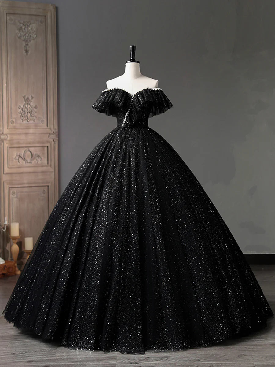 Vestido de fiesta largo de tul negro, corte A, con hombros descubiertos y brillante, TP385