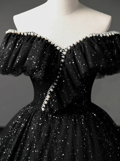 Vestido de fiesta largo de tul negro, corte A, con hombros descubiertos y brillante, TP385