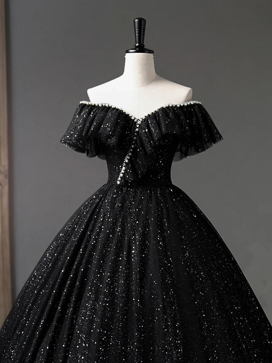 Vestido de fiesta largo de tul negro, corte A, con hombros descubiertos y brillante, TP385