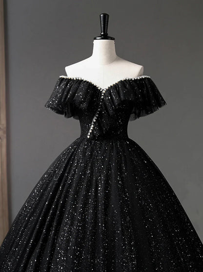 Vestido de fiesta largo de tul negro, corte A, con hombros descubiertos y brillante, TP385