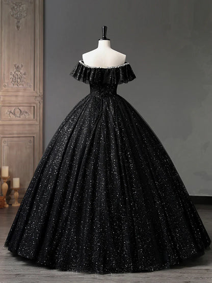 Vestido de fiesta largo de tul negro, corte A, con hombros descubiertos y brillante, TP385