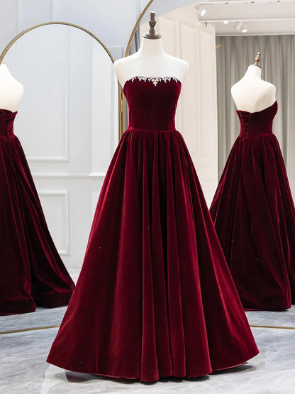 Vestido formal largo de terciopelo burdeos, elegante vestido de fiesta de corte A y manga larga TP386