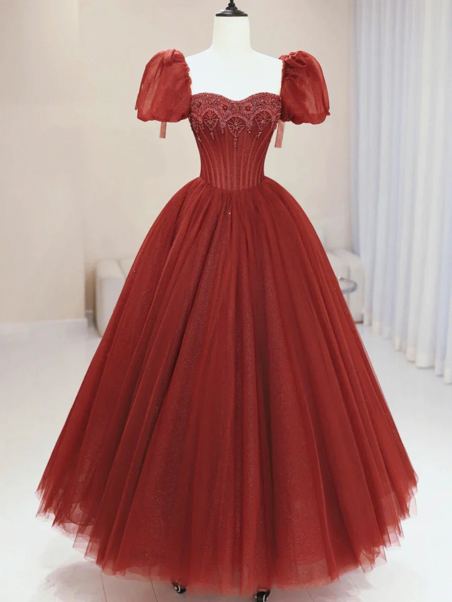 Vestido de fiesta largo de tul burdeos con cuentas, corte A, manga corta, TP391
