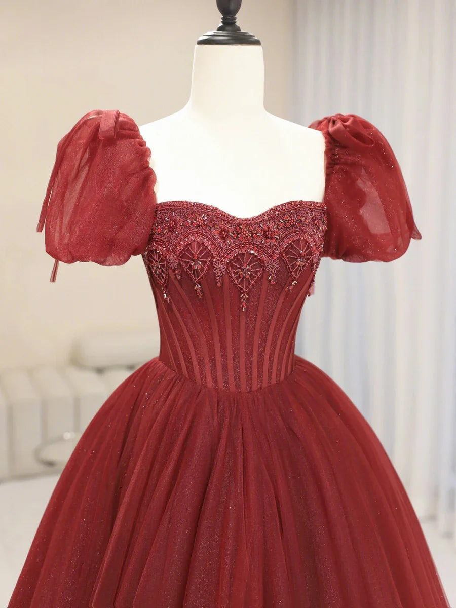 Vestido de fiesta largo de tul burdeos con cuentas, corte A, manga corta, TP391