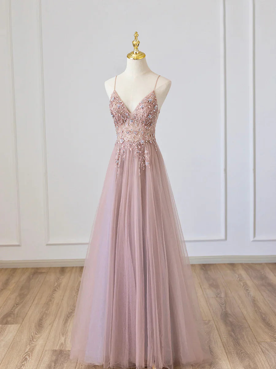 Vestido de fiesta largo de tul rosa con escote en V y cuentas, vestido de noche rosa con tirantes finos TP392