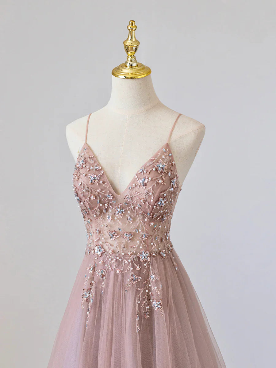 Vestido de fiesta largo de tul rosa con escote en V y cuentas, vestido de noche rosa con tirantes finos TP392