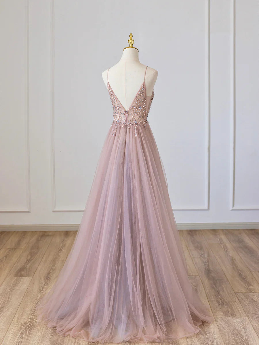 Vestido de fiesta largo de tul rosa con escote en V y cuentas, vestido de noche rosa con tirantes finos TP392