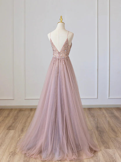 Vestido de fiesta largo de tul rosa con escote en V y cuentas, vestido de noche rosa con tirantes finos TP392