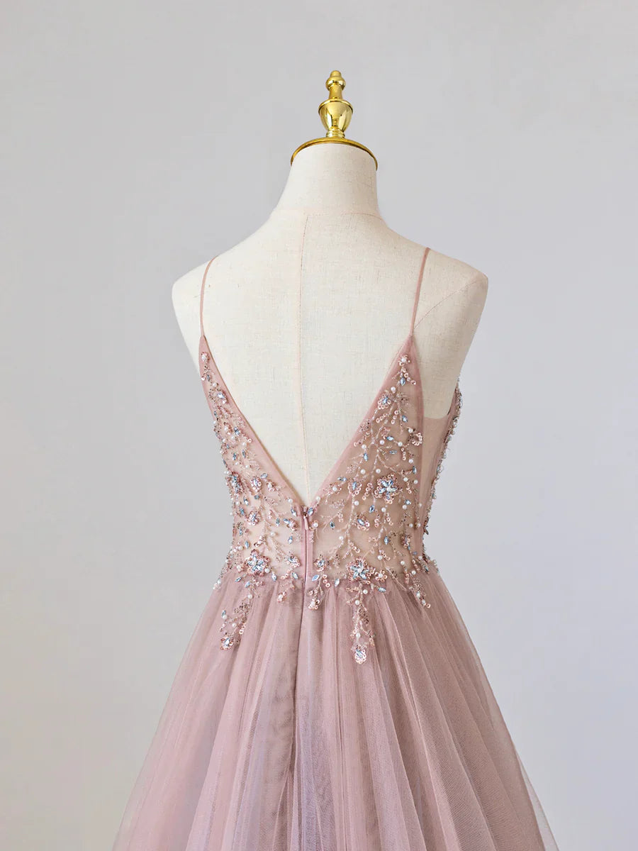 Vestido de fiesta largo de tul rosa con escote en V y cuentas, vestido de noche rosa con tirantes finos TP392