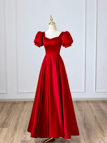 Vestido de fiesta largo de satén rojo, sencillo, corte A, manga corta, para noche, TP394