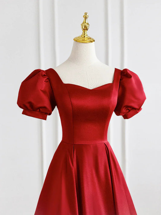 Vestido de fiesta largo de satén rojo, sencillo, corte A, manga corta, para noche, TP394