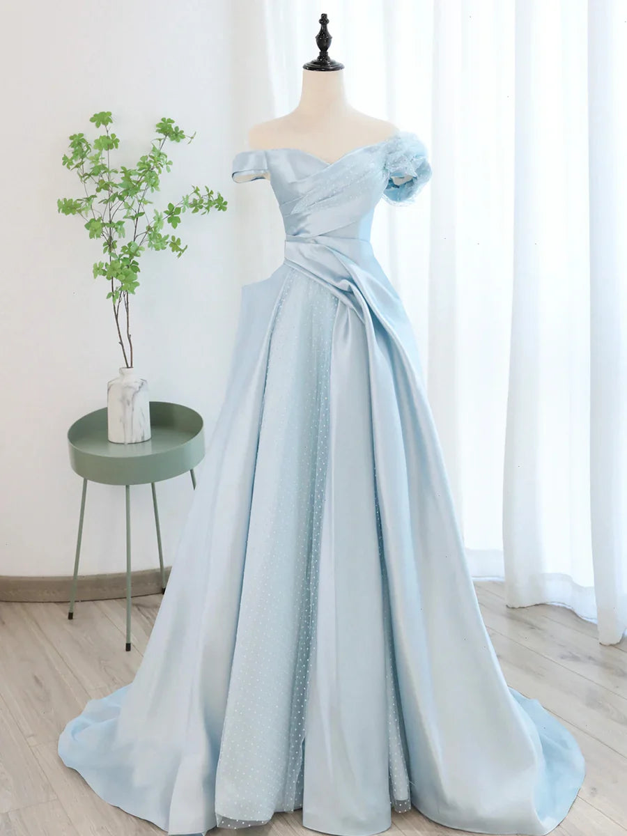 Vestido de fiesta largo de tul satinado azul, con hombros descubiertos, vestido formal de noche TP395