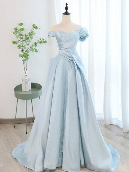 Vestido de fiesta largo de tul satinado azul, con hombros descubiertos, vestido formal de noche TP395