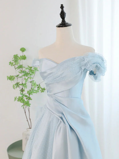 Vestido de fiesta largo de tul satinado azul, con hombros descubiertos, vestido formal de noche TP395
