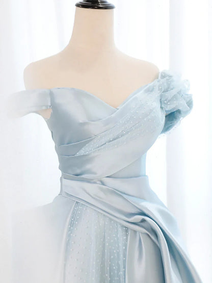 Vestido de fiesta largo de tul satinado azul, con hombros descubiertos, vestido formal de noche TP395