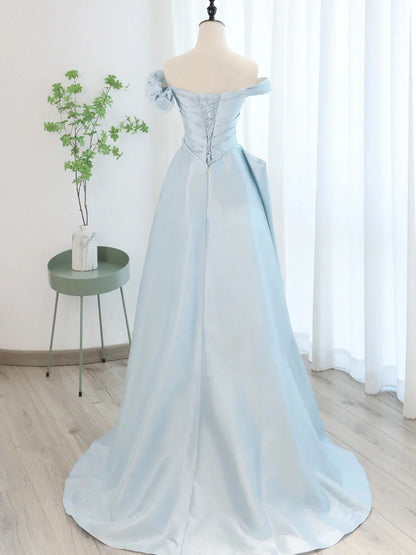 Vestido de fiesta largo de tul satinado azul, con hombros descubiertos, vestido formal de noche TP395