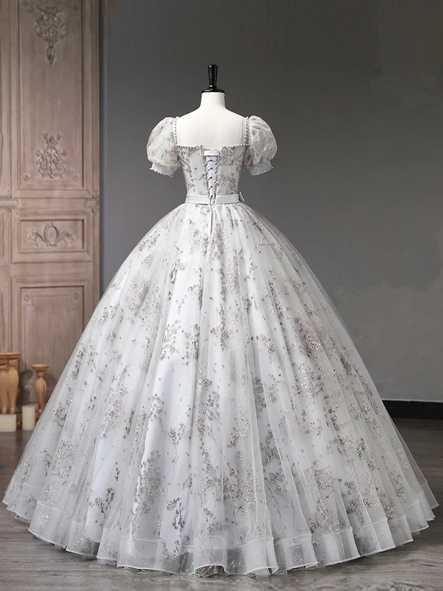 Gray Tulle Sequins Long Prom Dress, A-Line Short Sleeve Evening Dress TP397
