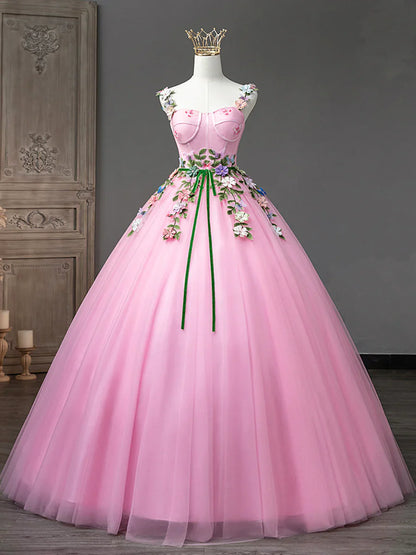 Pink Tulle Flower Long Prom Dresses, Lovely Spaghetti Formal Dresses Sweet 16 Dresses TP398