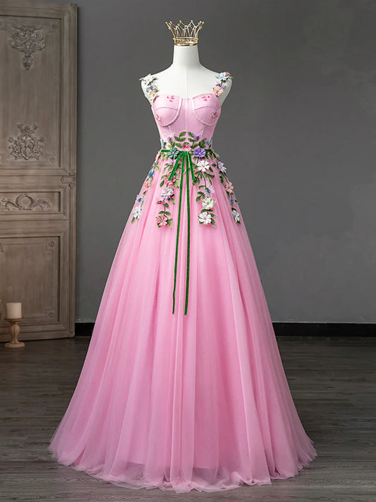 Pink Tulle Flower Long Prom Dresses, Lovely Spaghetti Formal Dresses Sweet 16 Dresses TP398