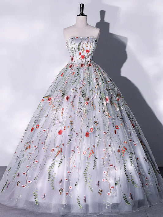 Precioso vestido de fiesta largo de tul floral sin tirantes, gris, corte A, TP401