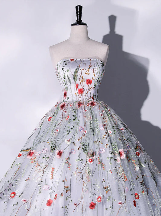 Precioso vestido de fiesta largo de tul floral sin tirantes, gris, corte A, TP401