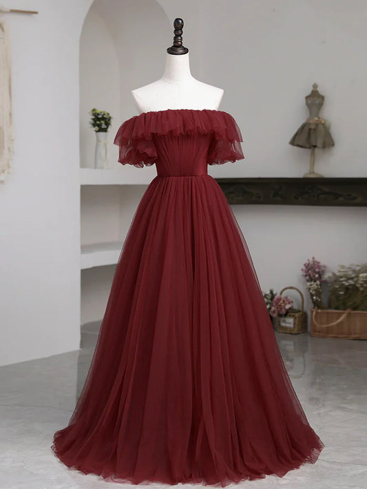 Vestido de fiesta de tul burdeos largo hasta el suelo, sencillo vestido de noche de corte A TP404