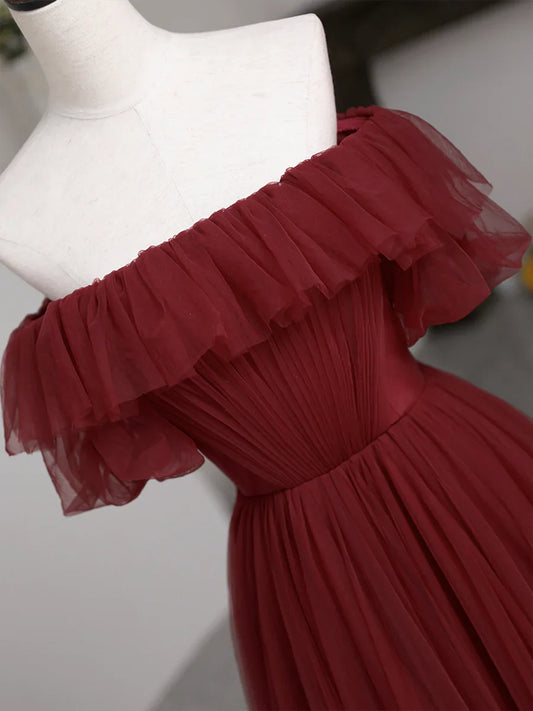 Vestido de fiesta de tul burdeos largo hasta el suelo, sencillo vestido de noche de corte A TP404