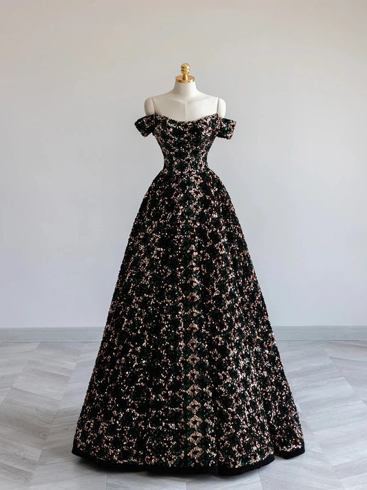 Elegante vestido largo de fiesta con lentejuelas y hombros descubiertos TP405