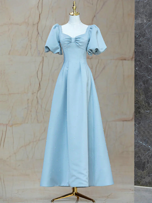 Blue Satin Pearl Long Prom Dress, A-Line Blue Evening Party Dress TP406