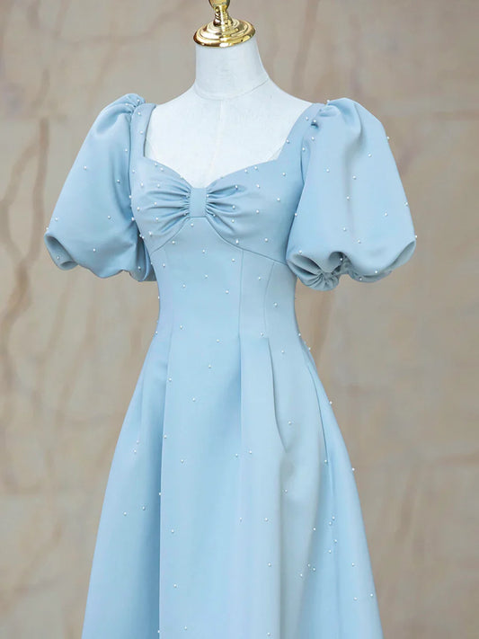 Blue Satin Pearl Long Prom Dress, A-Line Blue Evening Party Dress TP406