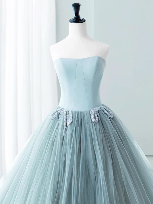 Blue Satin Tulle Long Prom Dress, Lovely Strapless Evening Dress TP408