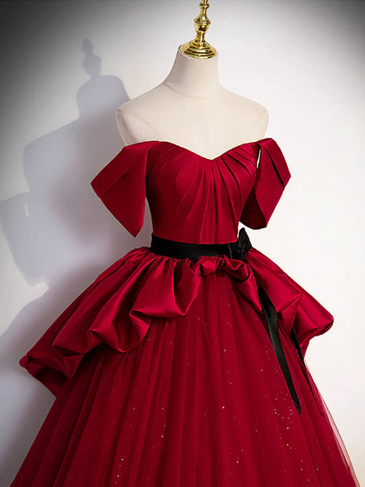 Vestido formal burdeos con escote corazón, corte A, tul, largo hasta el suelo, TP409