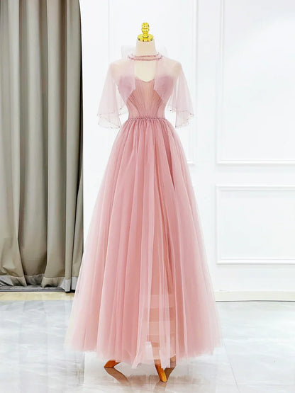 Vestido de fiesta largo de tul rosa con cuentas, precioso vestido de noche de corte A TP411