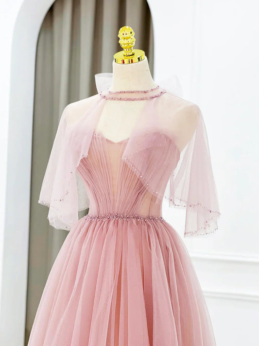 Vestido de fiesta largo de tul rosa con cuentas, precioso vestido de noche de corte A TP411