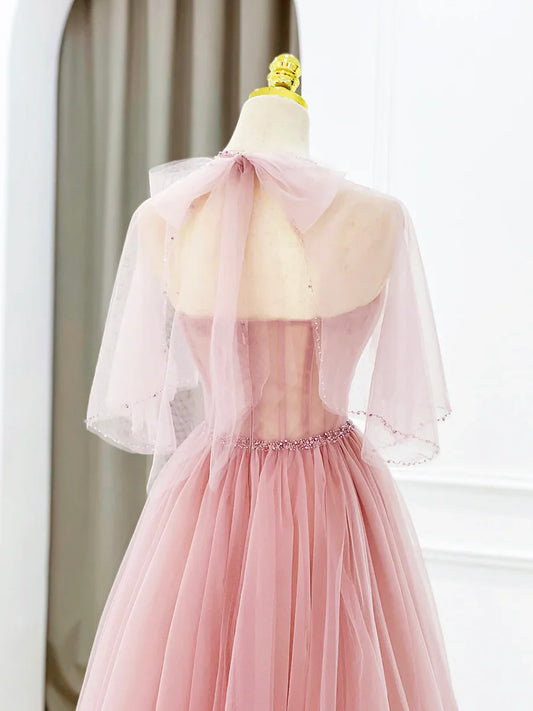 Vestido de fiesta largo de tul rosa con cuentas, precioso vestido de noche de corte A TP411