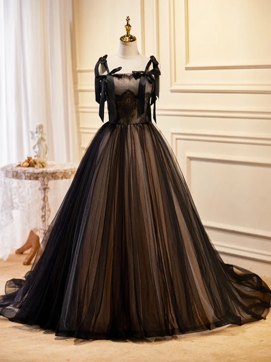 Black Tulle Lace Long Prom Dress, Black Evening Party Dress TP412