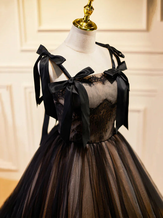 Black Tulle Lace Long Prom Dress, Black Evening Party Dress TP412