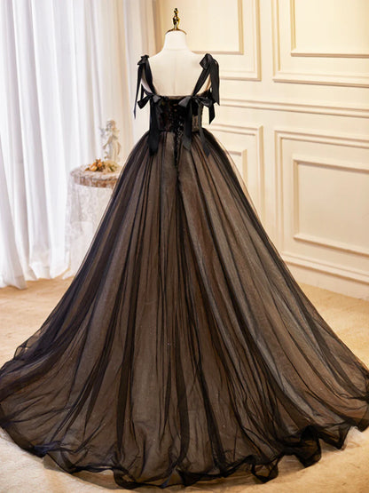Black Tulle Lace Long Prom Dress, Black Evening Party Dress TP412