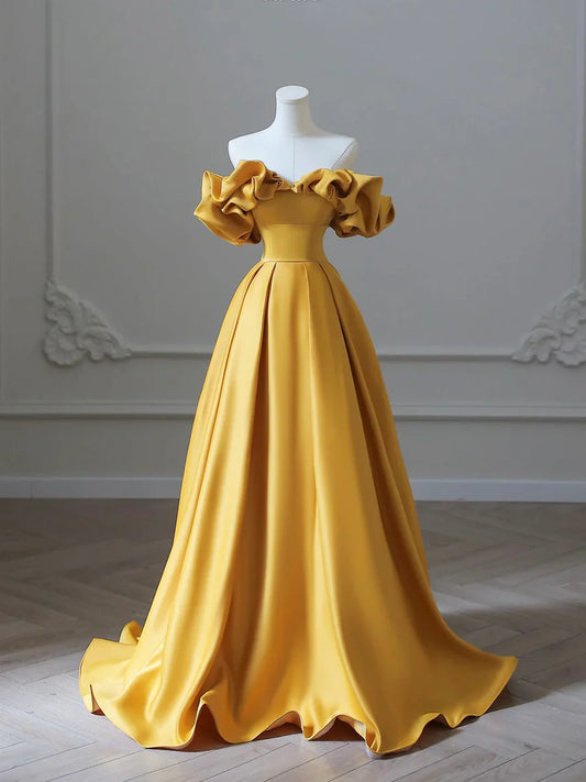 Vestido de fiesta largo de satén amarillo, corte A, hombros descubiertos, TP413