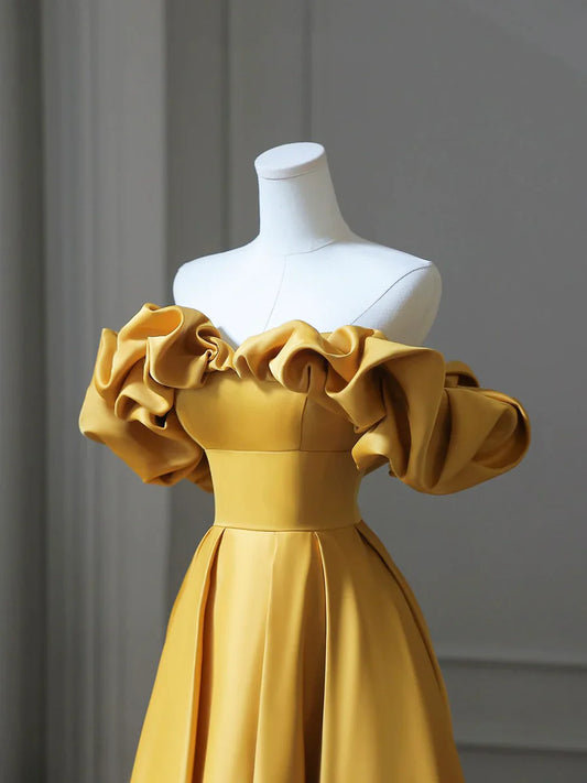 Vestido de fiesta largo de satén amarillo, corte A, hombros descubiertos, TP413