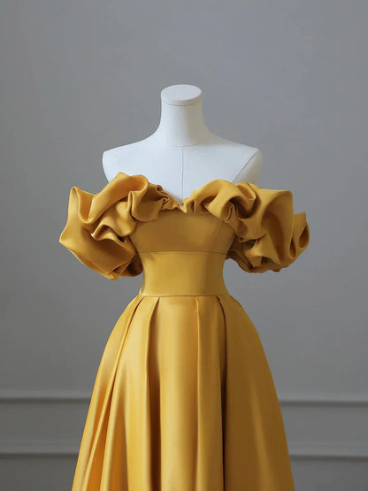 Vestido de fiesta largo de satén amarillo, corte A, hombros descubiertos, TP413