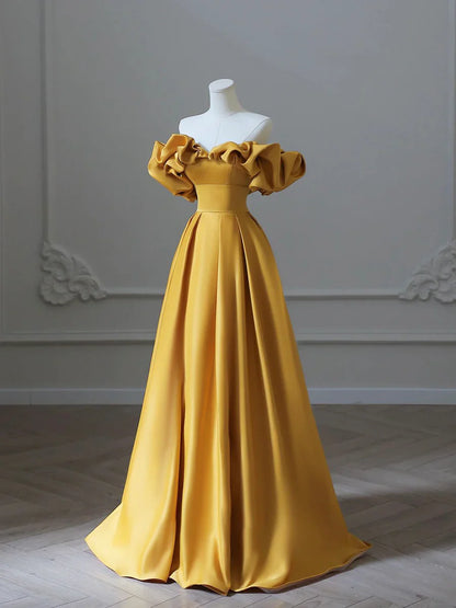 Vestido de fiesta largo de satén amarillo, corte A, hombros descubiertos, TP413