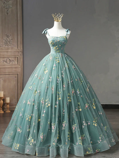 Green Floral Tulle Long Prom Dress, Cute Off Shoulder Evening Party Dress TP414