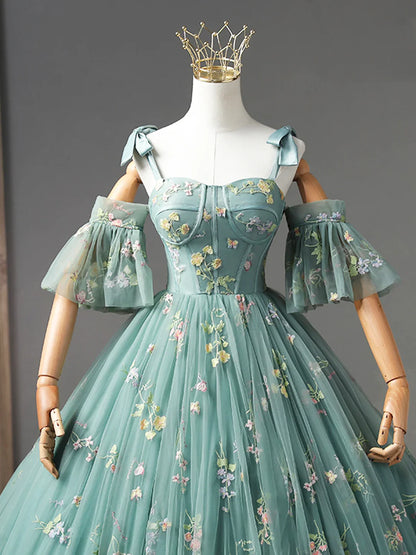 Green Floral Tulle Long Prom Dress, Cute Off Shoulder Evening Party Dress TP414