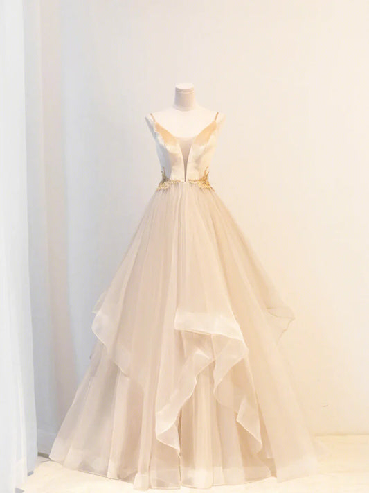 Vestido de fiesta largo de terciopelo y tul color champán, escote en V y tirantes finos, TP417
