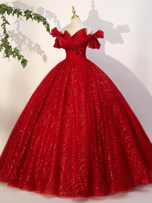 Vestido de fiesta largo de tul rojo, corte A, hombros descubiertos, rojo, TP418