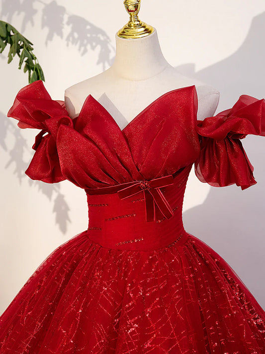 Vestido de fiesta largo de tul rojo, corte A, hombros descubiertos, rojo, TP418